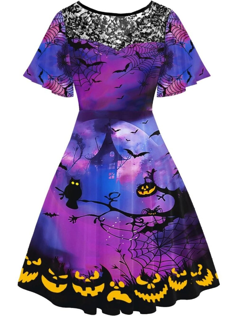 Women's Dark Purple Halloween Dress Lace Flutter Sleeve A-Line Party Dresses